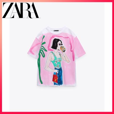 Zara เสื้อยืด พิมพ์ลายกลิตเตอร์ สีตัดกัน แฟชั่นฤดูร้อน สําหรับผู้หญิง