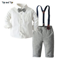 Top and Top Fashion Kids Clothing Sets Boy Gentleman Suit Long Sleeve White Bowtie Shirt Overalls 2Pcs Clothes Outfits Tuxedo