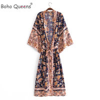 Boho Queens Multi florals print bat sleeve beach Bohemian dresses Kimono robe Ladies V neck Summer bikini cover-up