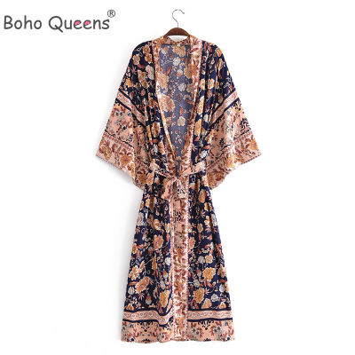 Boho Queens Multi Florals Print Bat Sleeve Beach Bohemian Dresses Kimono Robe Ladies V Neck Summer Bikini Cover-up