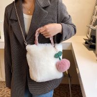 ZZOOI New Winter Furry Ladies Clutch Purse Handbag Fashion Women Soft Plush Shoulder Bags Fashion Female Cherry Pendant Messenger Bag