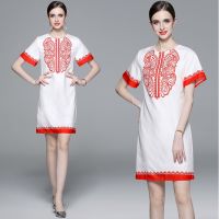 Women New Fashion Dress 2023-New  Crew Neck Short Sleeve Positioning Printing Sheath Midi Dress