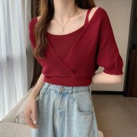 Niche Fake Two-Piece Foreign-Style Waist-Cinching Short-Sleeved Sweater Womens 2023 Summer New Slim-Fitting Short Bottoming Top