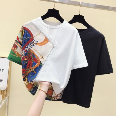 Korean Style Lace Patchwork Cotton T-Shirts Womens O-neck Delicate Vintage Print T-shirt Harajuku  Ladies Short Sleeve Tees TopS