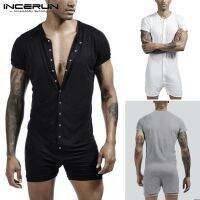 （A NEW） INCERUN แฟชั่นผู้ชายชุดนอน Playsuit ชุดนอน Jumpsuit BreathableShort SleeveSolid 2022ผู้ชาย Romper Homewear S 5XL