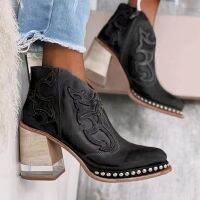 2023 New Womens Boots Embroidery Retro High Heel Fashion Boots 35-43 Plus Size Fashion Thick Sole Ankle Boots Botas Femininas