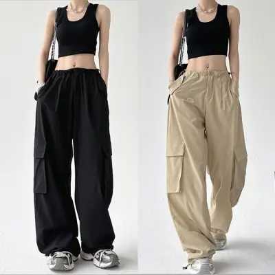 KoreanDressกางเกงคาร์โก้ ญ กางเกงคาร์โก้ ช cargo pants women 2023รุ่นใหม่สีดำกางเกงขายาวเอวสูง ย้อนยุคอเมริกันกางเกงสแลคหญิง กางเกงทำงาน