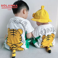 SOLANNA เสื้อเช็้ตเด็กชาย ชุดเด็กผู้ชาย ชุดแขนสั้นเด็กชายและเด็กหญิงผ้าฝ้ายกราฟิกสามมิติแขนสั้นกีฬาชุดสูทสองชิ้น23728