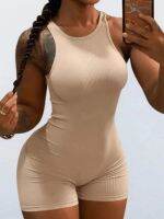 LW ลําลองคอกลมยืดสีทึบซี่โครงถักผอมแขนกุดปกติพื้นฐาน Romper ผอม Bodycon jumpsuits Playsuit☍