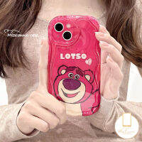 MissConnie Lotso เคสโทรศัพท์หมีสตรอเบอร์รี่สีแดงกุหลาบที่น่ารักใช้ได้กับ IPhone 11 XR 11 12 13 14 Pro Max X 7 8 6S 6 Plus XS Max SE 2020 3D ขอบโค้งงอมันวาวกันกระแทกฝาครอบเนื้อนิ่ม Tpu