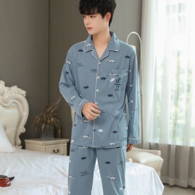 MUJI High quality 100  cotton mens pajamas mens long-sleeved new simple and mature style spring and autumn youth middle-aged large size home service suit