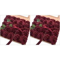 Artificial Flowers 50Pcs Real Looking Burgundy Fake Roses with Stems for DIY Wedding Bouquets Red Bridal Shower