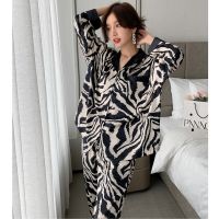 Womens 2 Piece Pajamas Sets Zebra Stripes Pijama Faux Silk Satin Lapel Pyjama Female Sleepwear LongSleeve Shirt Pants Homewear