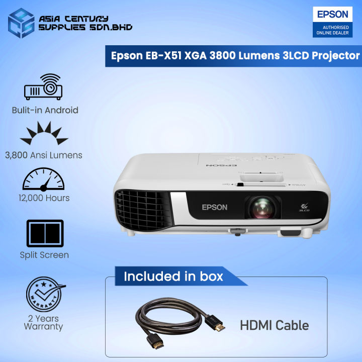 Epson Eb X51 Xga 3lcd Projector 3800 Lumens 12000 Hours Lamp Life In Eco Mode Epson Ebx51 2814