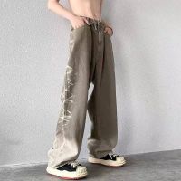 oversized t shirt mens gradient retro jeans mens summer versatile high street trendy straight pants Hong Kong style loose wide leg pants handsome pants