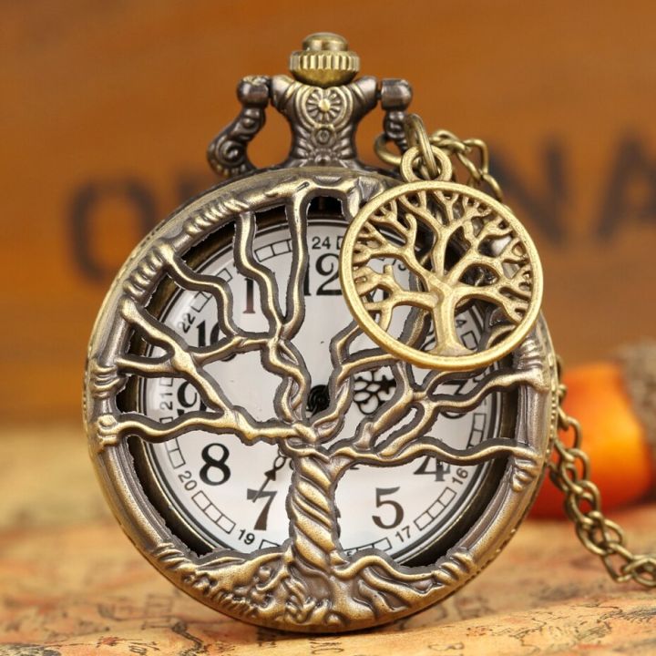 นาฬิกาควอทซ์แบบพกพาลายต้นไม้เพื่อชีวิตเป็นอมตะมีจี้ดีไซน์สีบรอนซ์สร้อยคอลูกปัดนาฬิกาวินเทจfob-reloj-อุปกรณ์ตกแต่งต้นไม้