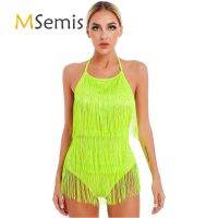 Womens Salsa Tango Rumba Party Dancewear Latin Samba Dance Costume Lace-up Halter Tassel Bodysuit Backless Fringed Jumpsuit