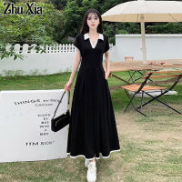 Zhu Xia กระโปรงยาวสำหรับเด็กผู้หญิง,กระโปรงผ้าฝ้ายเดรสมีปกแขนสั้นสีดำขนาดใหญ่