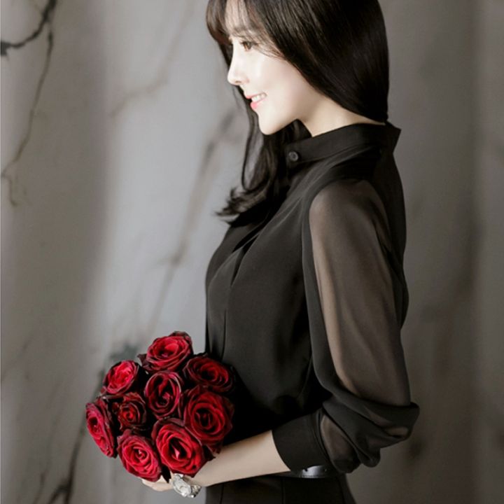 xixilixiaojie-แขนยาวเสื้อหญิงเวอร์ชั่นเกาหลีเป็นสีดำบางยืนคอเสื้อชีฟอง