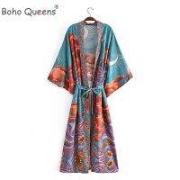 Boho Quens Sablon Bunga ดาวผู้หญิงแขนค้างคาวเสื้อคลุมชุดเดรสชายหาดกิโมโนโบฮีเมียนผู้หญิง V คอชุดบิกินีฤดูร้อน Cover-Up LouBens