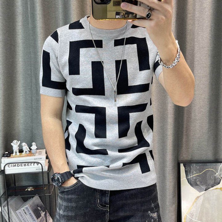 ผู้ชายหรูหราฤดูร้อนถัก-tshirt-2022เกาหลี-o-neck-แขนสั้น-top-tees-streetwear-ชาย-social-club-slim-fit-casual-t-shirt