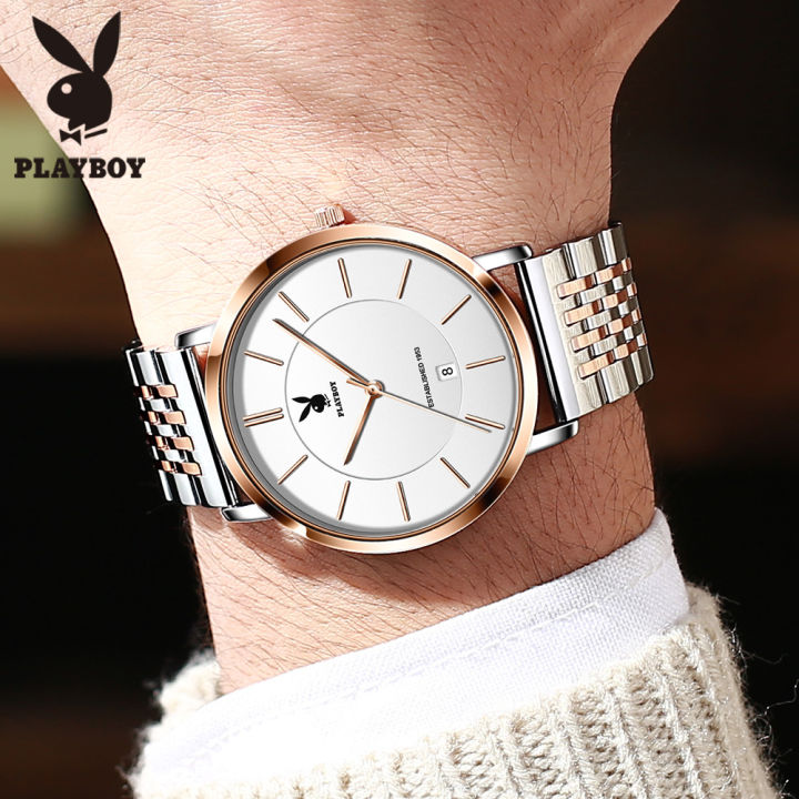 playboyนาฬิกาข้อมือสุดหรูสำหรับผู้ชาย-นาฬิกาควอตซ์สเตนเลสสตีลสุดเท่ห์กันน้ำนำเข้าจากญี่ปุ่นของแท้2021