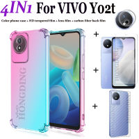 4-In-1Phone เคสสำหรับ VIVO Y02t ฟิล์มป้องกันกระจกนิรภัยใสแบบเต็มหน้าจอ + สติ๊กเกอร์สกีนหลังเลนส์กล้องถ่ายรูป + ฟิล์มกันรอยหน้าจอคาร์บอนไฟเบอร์