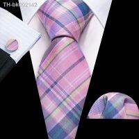 ∋ Barry.Wang Pink Plaid Ties With Pocket Square Cufflinks Set Classic Silk Necktie Wedding Business Party Birthday Designer 6525