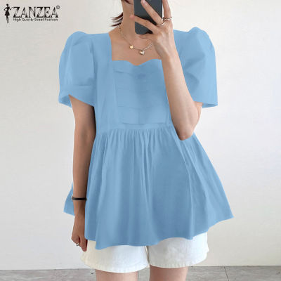 (สินค้ามาใหม่)(จัดส่งฟรี)Fancystyle ZANZEA เสื้อเชิ้ตจับจีบแฟชั่นสไตล์เกาหลีของผู้หญิงแขนพัฟลำลองคอสี่เหลี่ยมเสื้อนอก A-Line #10