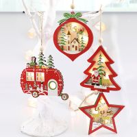 1pc LED Christmas Decorations for Tree Home Ornaments Wooden Red Hanging Pendants Star Xmas Party Decor New Year Kids Gift