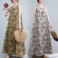 CODpz119nb ENO Womens Loose and Comfortable Printing Sleeveless Cotton Linen Vest Skirt with Long Suspender Skirt Blue Flower Green Large Flower Summer New Large Size Vintage Art Skirt