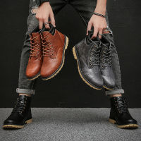 【Ready Stock】Mens Boots Leather Safety Boots Men High Cut Kasut Kulit Lelaki Fashion Lace Up Soft PU Leather Casual Boots for Men