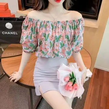 Women Chiffon Blouses Shirts Summer Floral Print Off Shoulder Tops