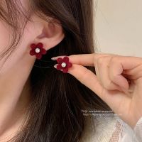 [COD] flocking pearl flower earrings womens French retro design high-end niche temperament autumn and winter