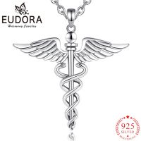 Eudora 925 Sterling Silver Caduceus Necklace Snake Wings Scepter Pendant Personality Jewelry Party Gift for Men Women Fashion Chain Necklaces