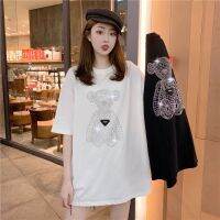 COD DSFERTRETRE ✈❈◄J M❤ Women Short Sleeve T-shirt Oversized Plus Size Fashion Black White T Shirt Losse Bling Rhinestone Clothing 烫钻T恤重工闺蜜装小熊宽松短袖T恤女2021春装新款中长款大码打底上衣女潮