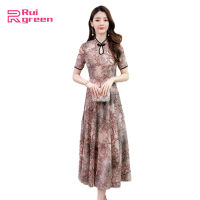 Rui green Chinese cheongsaml Dress Summer Printing Tight Waist Cheongsam Dress