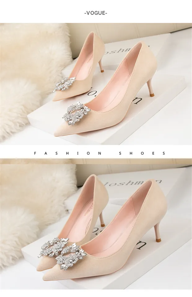 Princess Rhinestones Leather Pumps Women Spring Girls Crystal Pointy Toe  Elegant High Heel Dress Prom Shoes Office For Lady