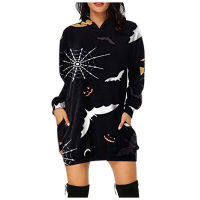 Halloween Skulls Cat bat Printing Autumn Winter Fashion Women Hooded Long Sleeve Dress Loose V-Neck Pullover Midi Womens Tops