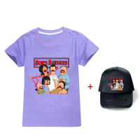 BOBS BURGERS แขนเสื้อสั้นเด็กผู้ชายเสื้อยืดหญิงเสื้อยืดคอกลมพิมพ์ลายหมวกสั้นเสื้อยืด + หมวก All-Match การ์ตูนแฟชั่น1088เด็กเสื้อผ้าสบายๆฤดูร้อนหลวมกีฬา Tops