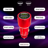 4.8A+QC4.0 Dual USB Car Charger 65W Power Adapter DC 12V-24V Auto Mobile Phone Charger Metal Hammer Splitter