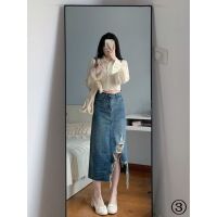 ✆♂ Irregular Fringed Frayed Denim Skirt Spring New Style Design Sense Ripped High Waist Slimmer Look Hip Midi