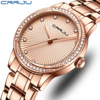 CRRJU Rose Gold Women Watch Japan Movement Quartz Waterproof Wristwatches Female Round Dial Stain Steel Band Fashion Clock