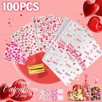 100Pcs Valentine Cellophane Bags Transparent Heart Pattern Candy Cookie Bag with 100Pcs Gold Twist Ties for Home Party Supplies