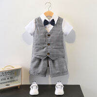 Kids Baby Gentleman Suits Baby Boy Clothes Shirt + Vest + Shorts Formal Clothing Outfit Party Bow Tie Children Birthday Dress