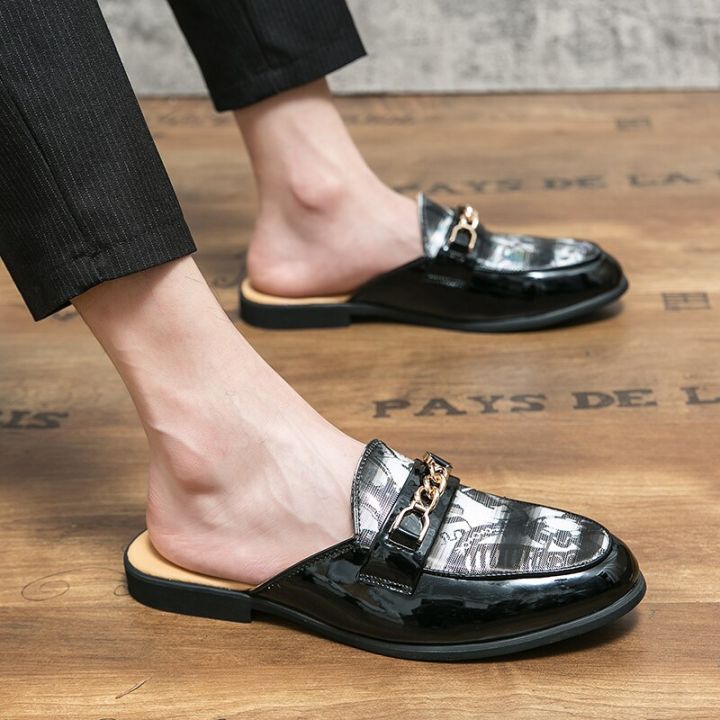 รองเท้าแตะโซ่ครึ่งฤดูร้อนสำหรับผู้ชายผู้ชายรองเท้าแตะปิดเท้า-sepatu-pantofel-kulit-รองเท้าลำลองผู้ชายรองเท้า-mocassins