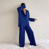 Hiloc Oversized Satin Silk Sleepwear Low Cut Sexy Pajamas For Women Single-Breasted Long Sleeves Wide Leg Pants Trouser Suits