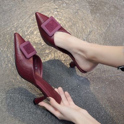 ∋❁♈ High Heel Toe Box Half Slippers for Women2023Summer New Fashion All-Match Stiletto Heel Square Buckle Sandals for Women