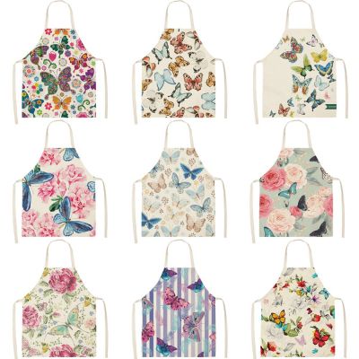 Cute Butterfly Printed Women Kitchen Aprons Waterproof Cooking oil-proof Cotton Linen Antifouling Chef Apron