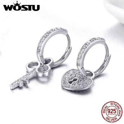 WOSTU Fashion 925 Sterling Silver Key Lock Drop Earrings Zircon Love Heart Dangle Earrings For Women Wedding Jewelry Gift CQE577